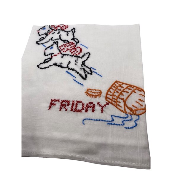 Vintage Embroidered Day Of The Week Tea Towel Set Dogs Puppies Mischievous Decor - Picture 8 of 11